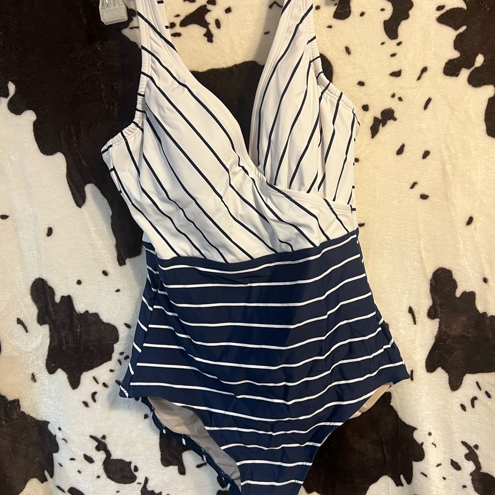 Kona Sol Navy and White Striped One Piece Swimsuit